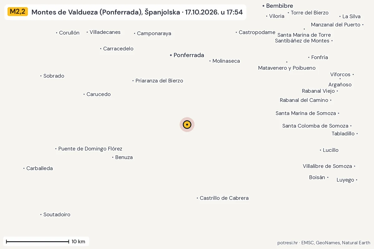 Karta: okolica epicentra, 60 km, potres M2,2, Montes de Valdueza (Ponferrada), Španjolska, 17.10.2026.