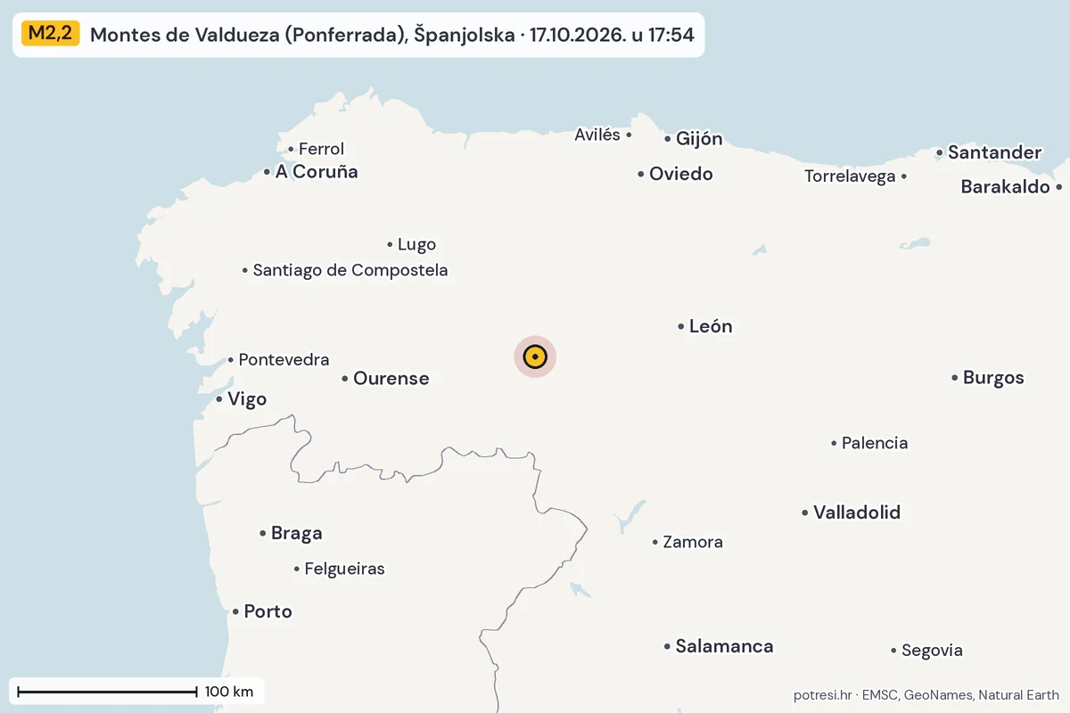 Karta: šire područje, 600 km, potres M2,2, Montes de Valdueza (Ponferrada), Španjolska, 17.10.2026.