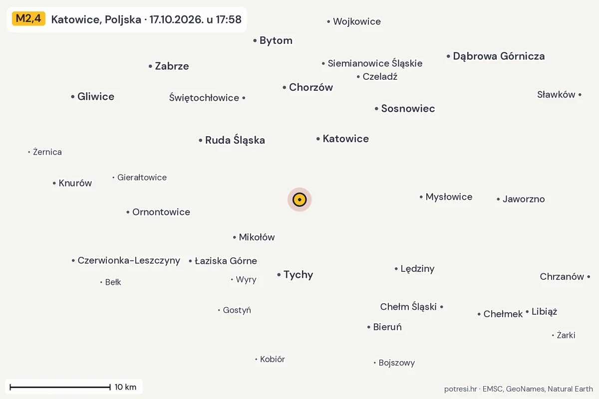 Karta: okolica epicentra, 60 km, potres M2,4, Katowice, Poljska, 17.10.2026.