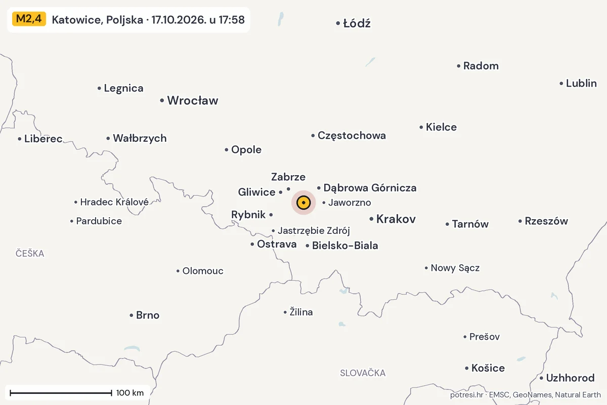 Karta: šire područje, 600 km, potres M2,4, Katowice, Poljska, 17.10.2026.