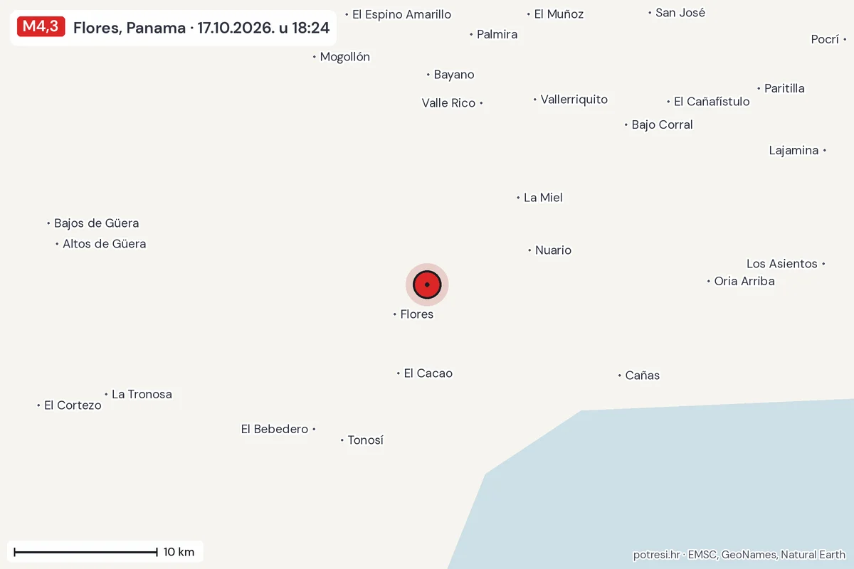 Karta: okolica epicentra, 60 km, potres M4,3, Flores, Panama, 17.10.2026.