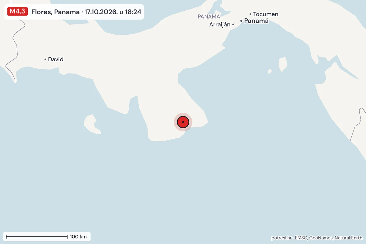 Karta: šire područje, 600 km, potres M4,3, Flores, Panama, 17.10.2026.