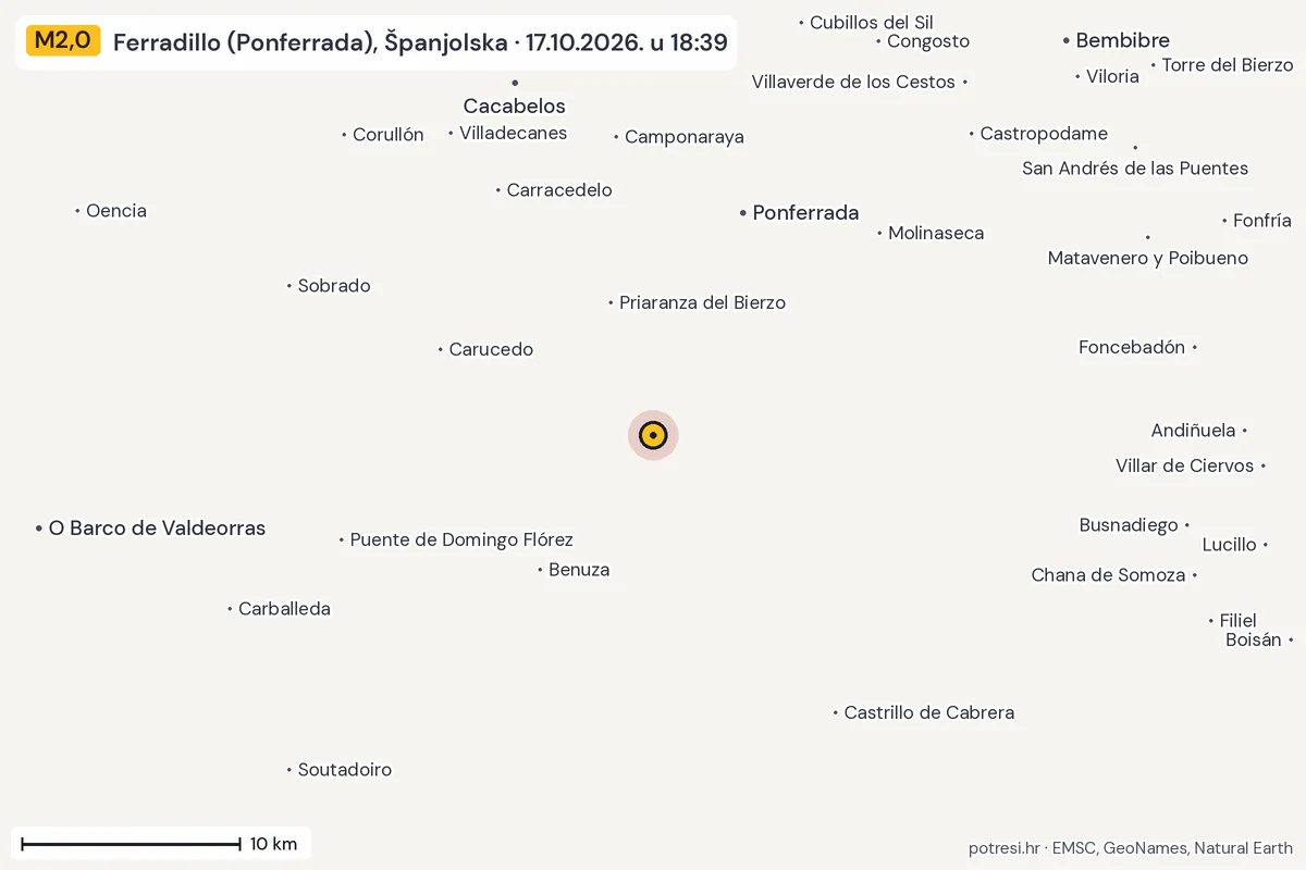 Karta: okolica epicentra, 60 km, potres M2,0, Ferradillo (Ponferrada), Španjolska, 17.10.2026.