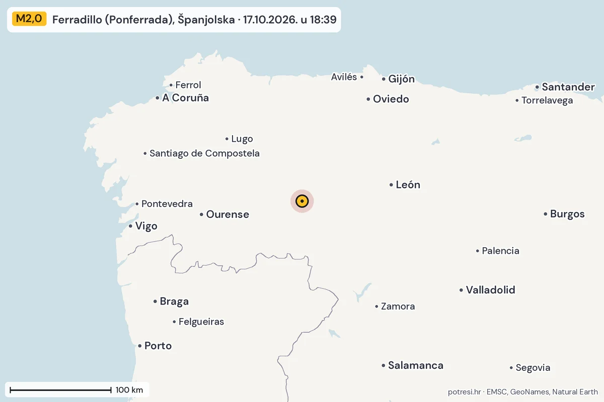 Karta: šire područje, 600 km, potres M2,0, Ferradillo (Ponferrada), Španjolska, 17.10.2026.