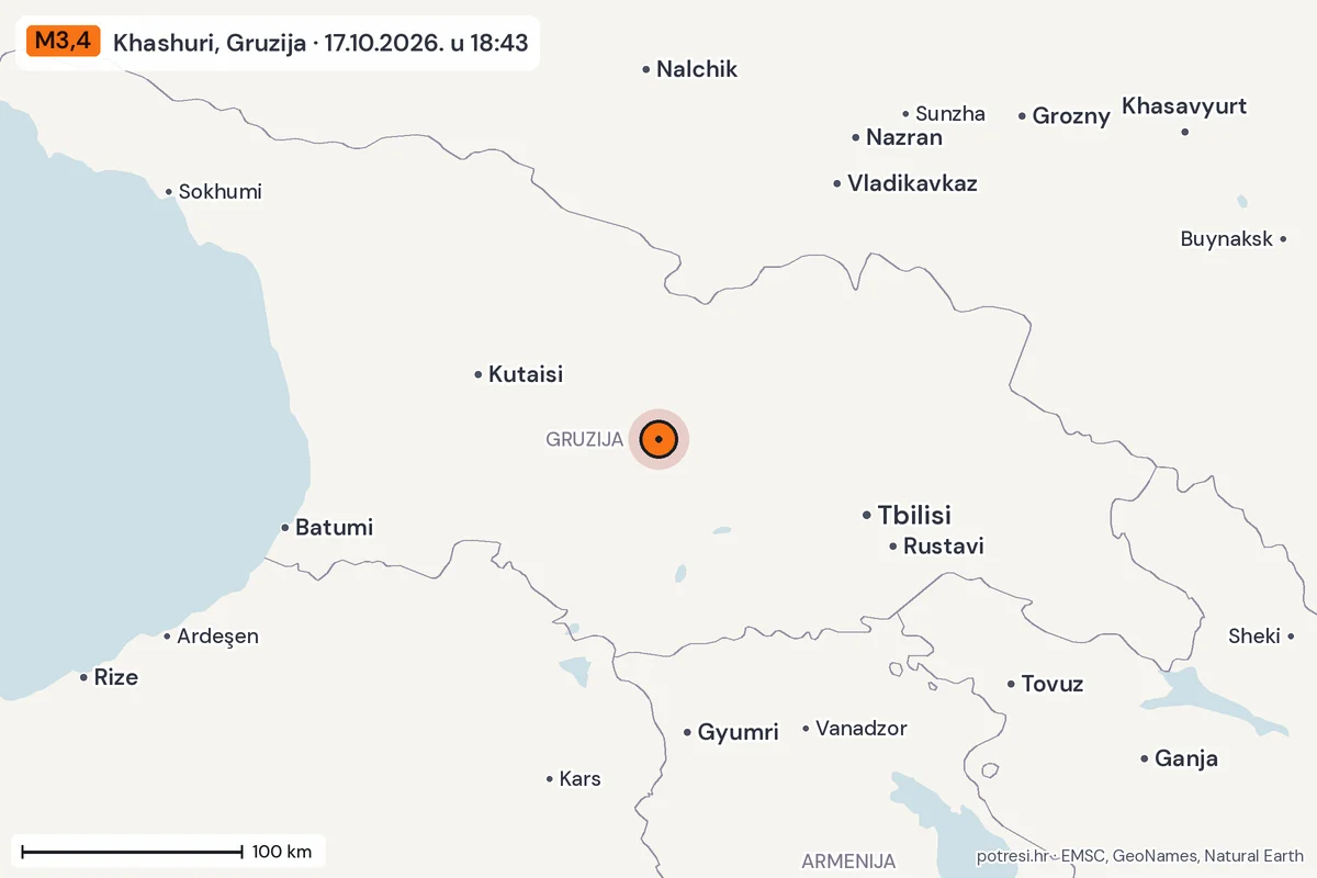 Karta: šire područje, 600 km, potres M3,4, Khashuri, Gruzija, 17.10.2026.