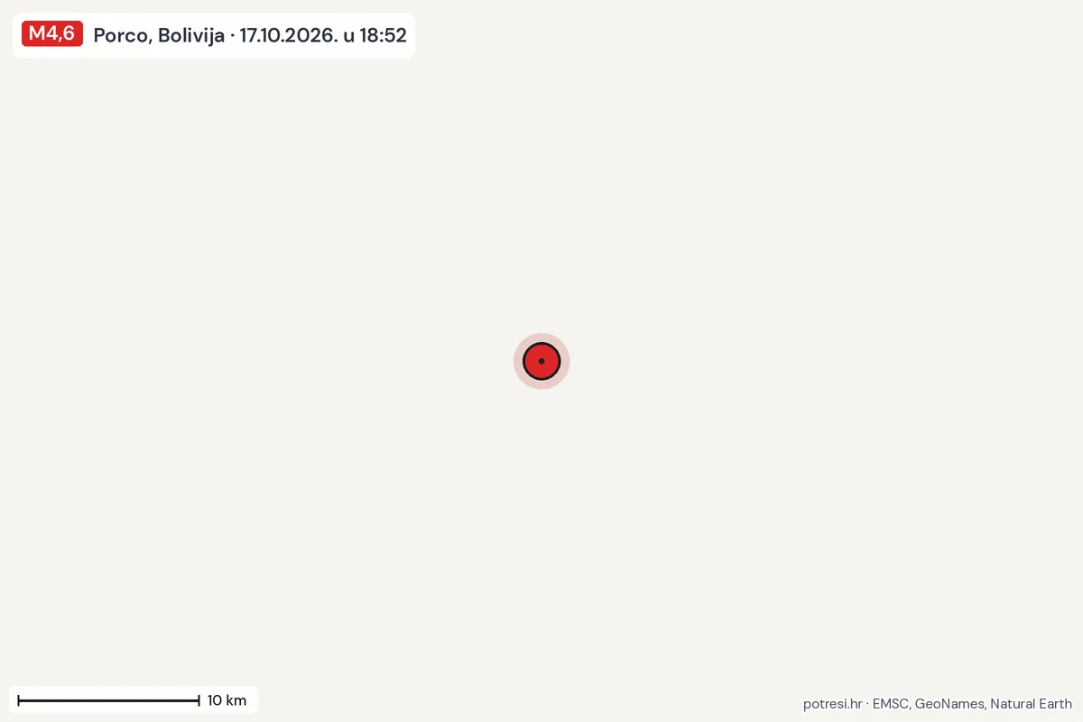 Karta: okolica epicentra, 60 km, potres M4,6, Porco, Bolivija, 17.10.2026.
