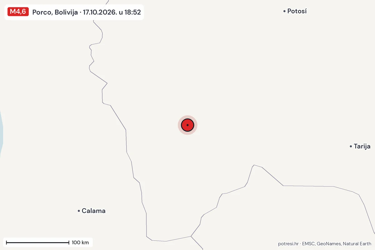 Karta: šire područje, 600 km, potres M4,6, Porco, Bolivija, 17.10.2026.