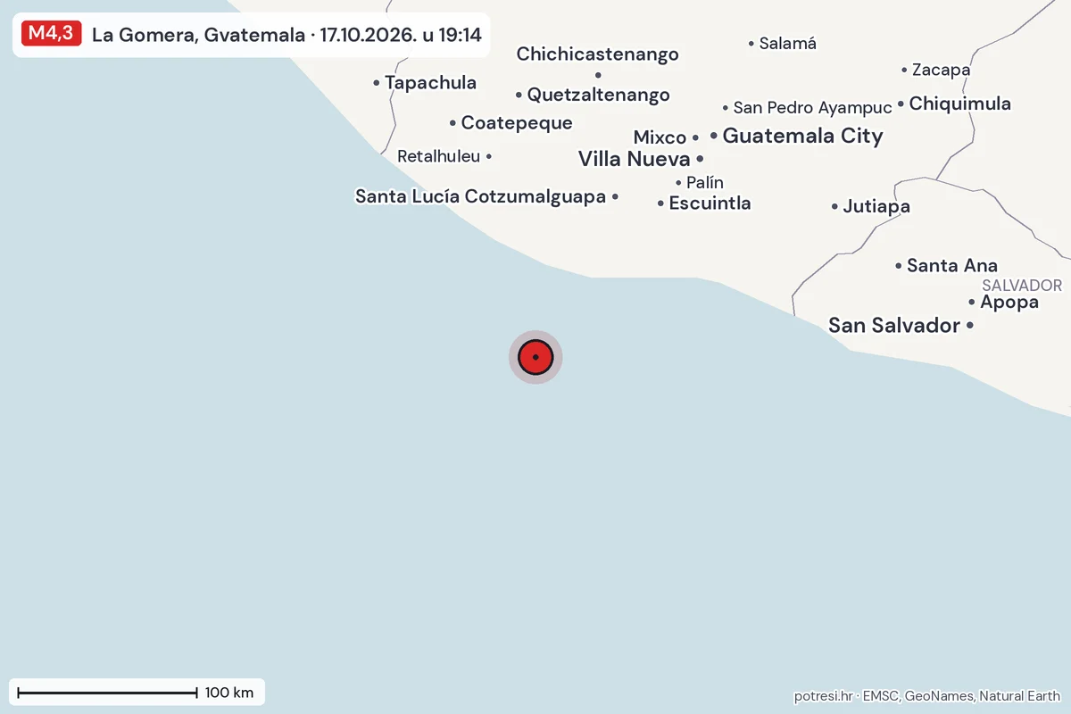 Karta: šire područje, 600 km, potres M4,3, La Gomera, Gvatemala, 17.10.2026.