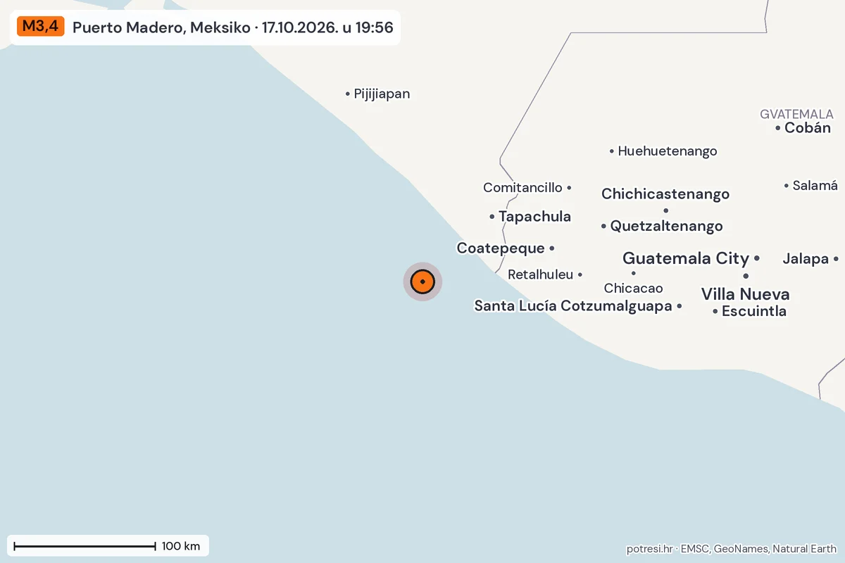 Karta: šire područje, 600 km, potres M3,4, Puerto Madero, Meksiko, 17.10.2026.