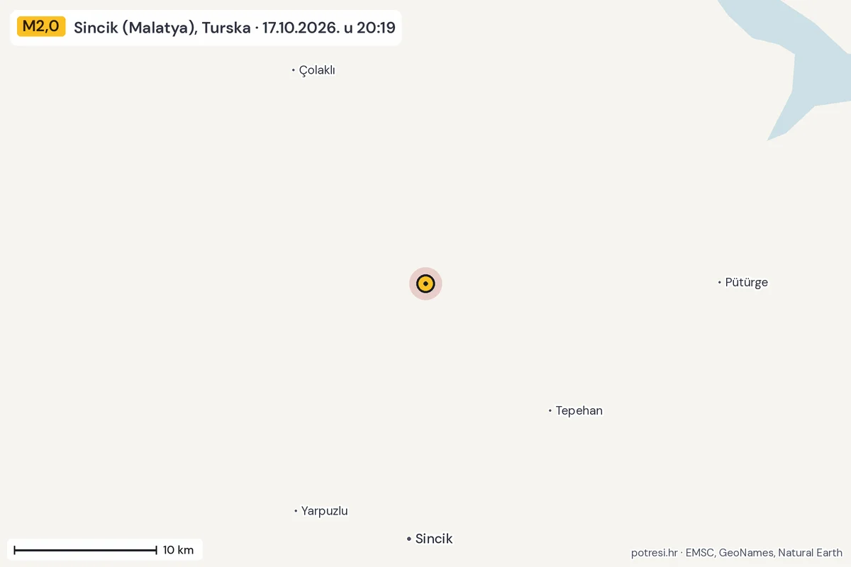 Karta: okolica epicentra, 60 km, potres M2,0, Sincik (Malatya), Turska, 17.10.2026.