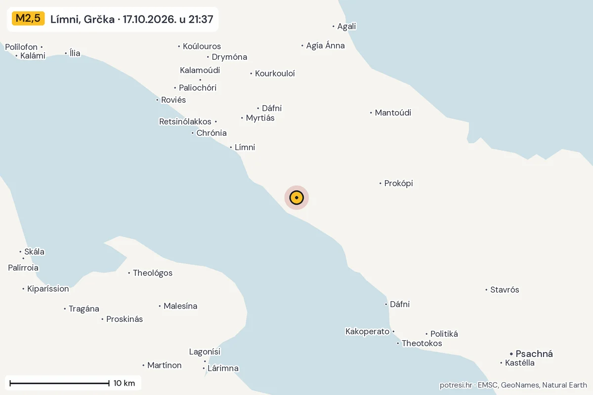 Karta: okolica epicentra, 60 km, potres M2,5, Límni, Grčka, 17.10.2026.