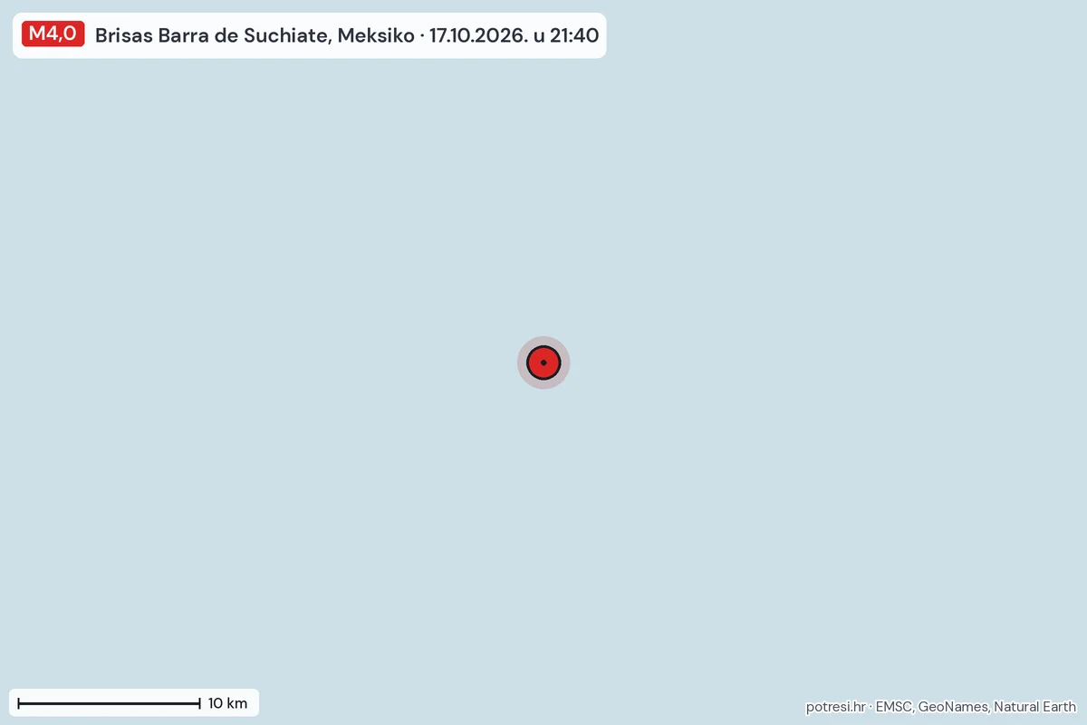 Karta: okolica epicentra, 60 km, potres M4,0, Brisas Barra de Suchiate, Meksiko, 17.10.2026.