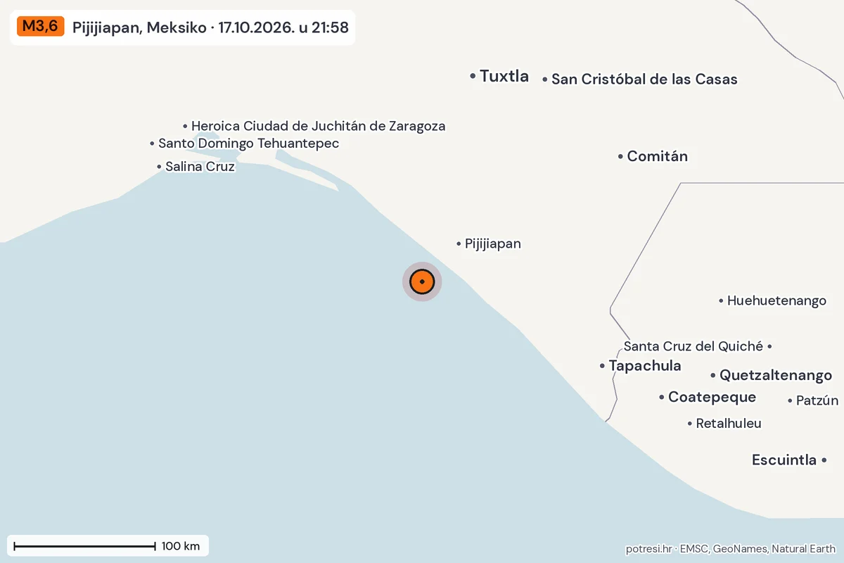 Karta: šire područje, 600 km, potres M3,6, Pijijiapan, Meksiko, 17.10.2026.