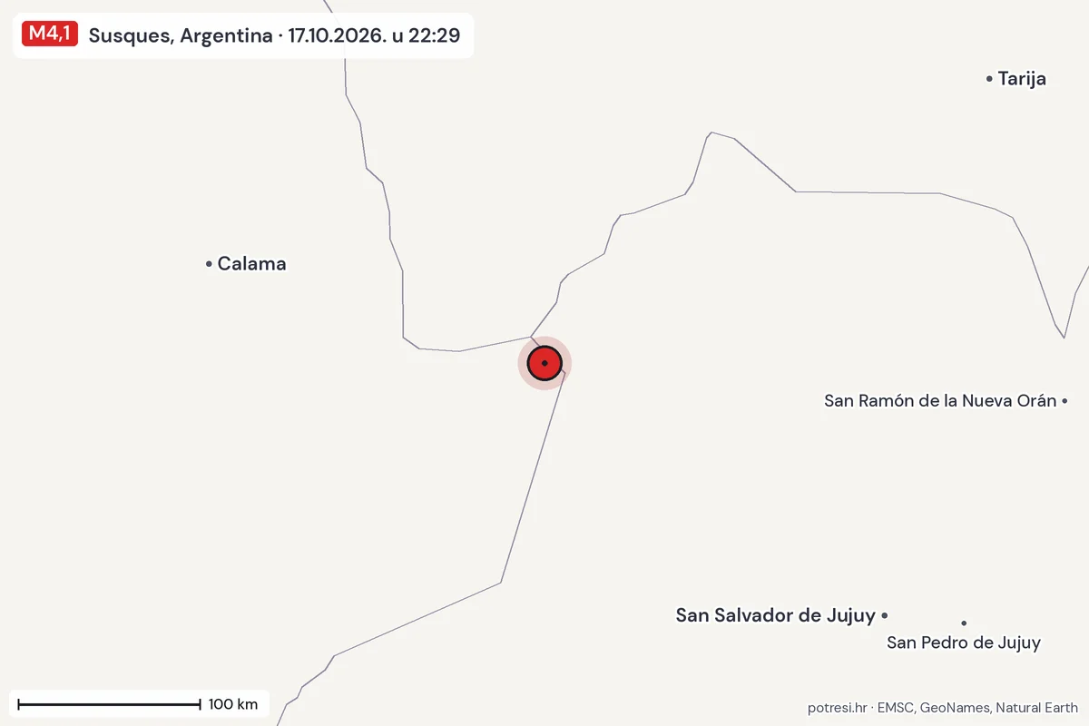 Karta: šire područje, 600 km, potres M4,1, Susques, Argentina, 17.10.2026.