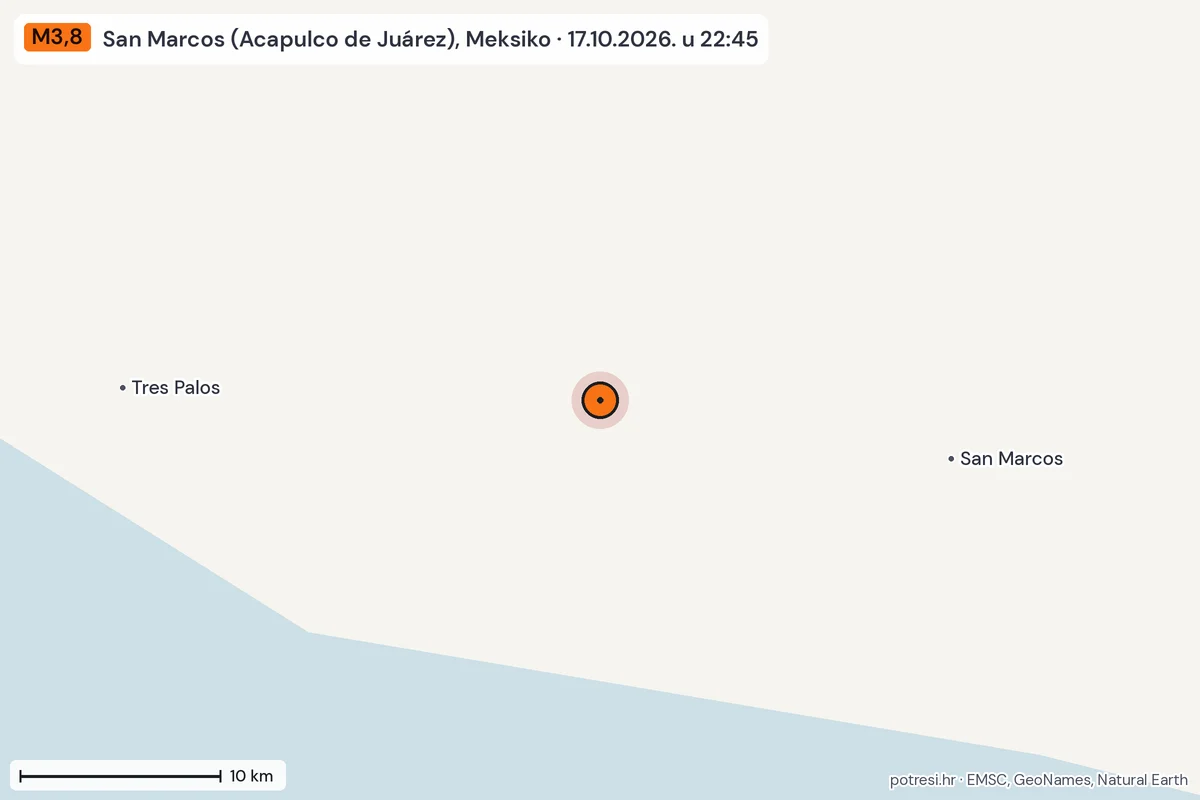 Karta: okolica epicentra, 60 km, potres M3,8, San Marcos (Acapulco de Juárez), Meksiko, 17.10.2026.