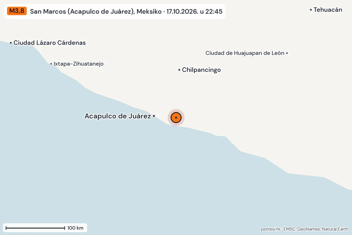 Karta: šire područje, 600 km, potres M3,8, San Marcos (Acapulco de Juárez), Meksiko, 17.10.2026.