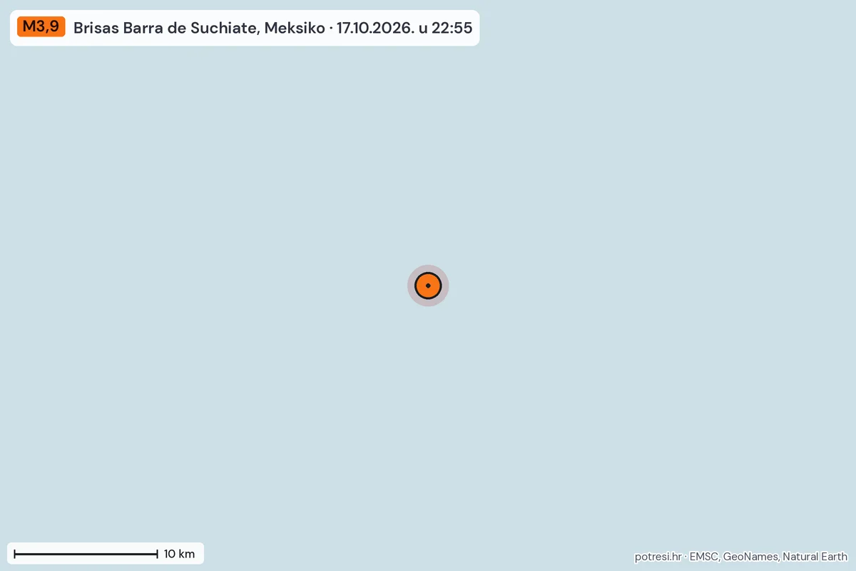 Karta: okolica epicentra, 60 km, potres M3,9, Brisas Barra de Suchiate, Meksiko, 17.10.2026.