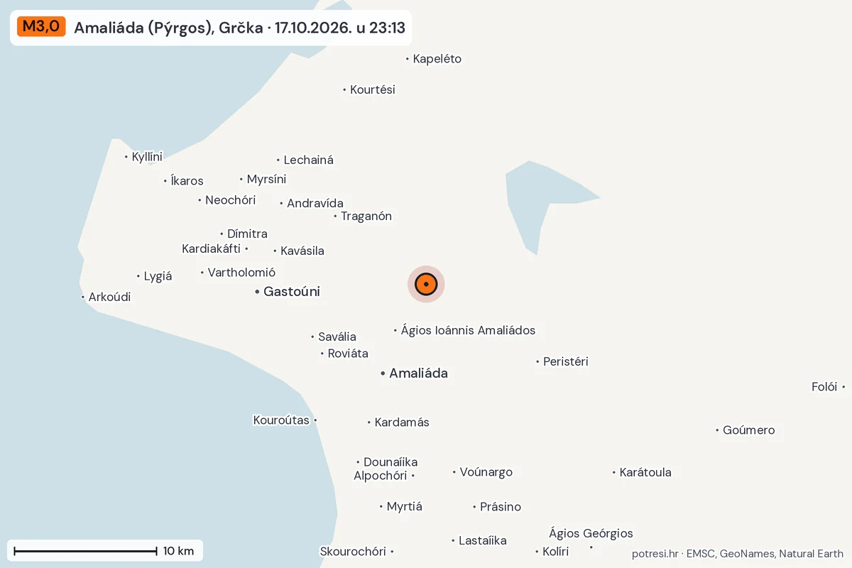 Karta: okolica epicentra, 60 km, potres M3,0, Amaliáda (Pýrgos), Grčka, 17.10.2026.