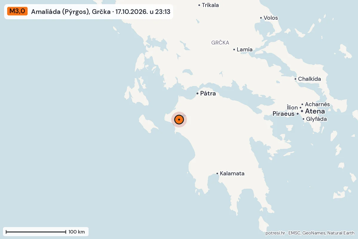 Karta: šire područje, 600 km, potres M3,0, Amaliáda (Pýrgos), Grčka, 17.10.2026.