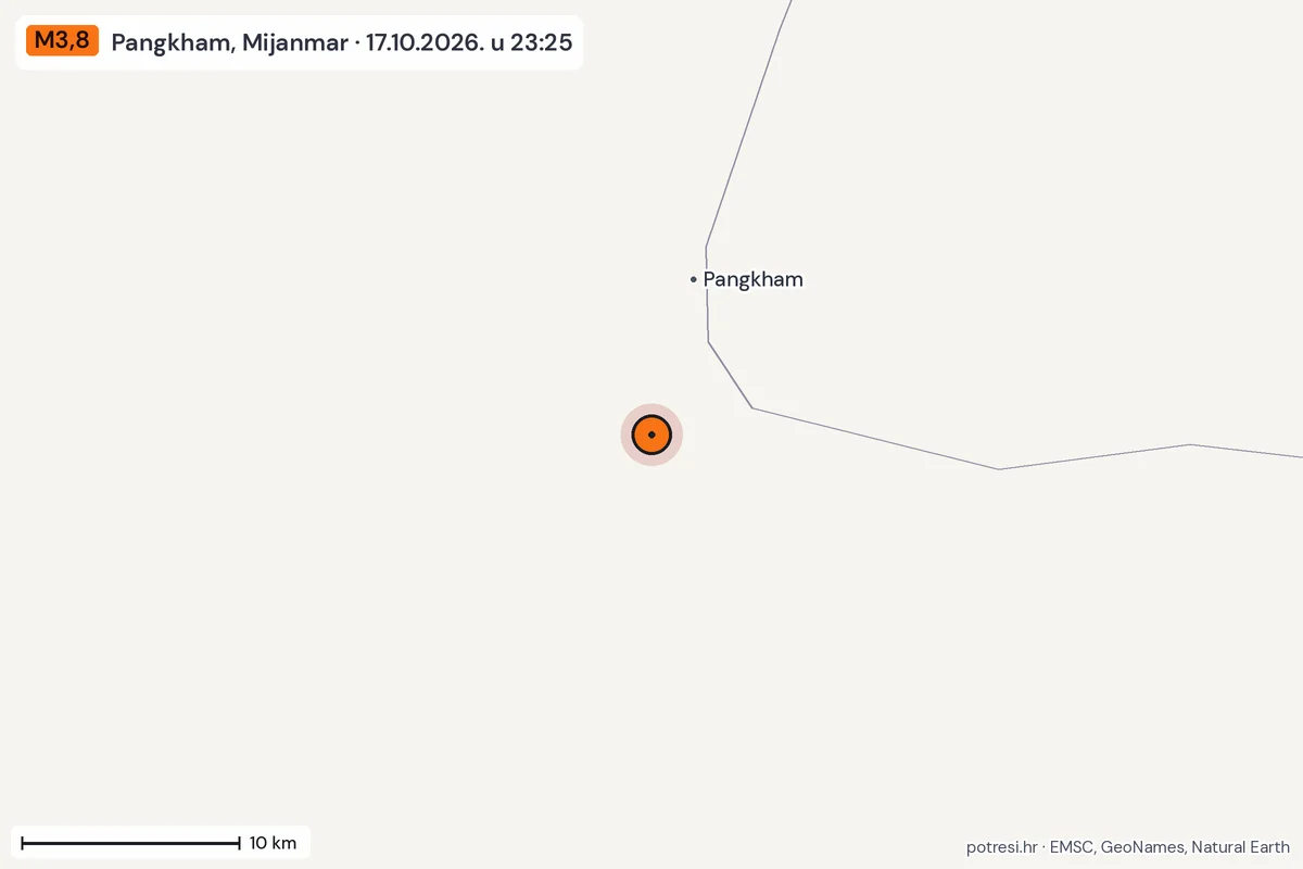 Karta: okolica epicentra, 60 km, potres M3,8, Pangkham, Mijanmar, 17.10.2026.