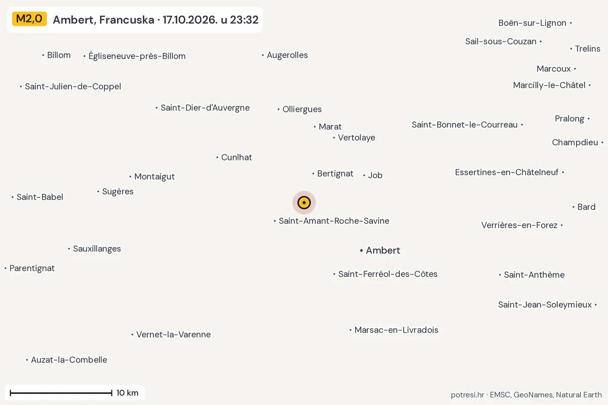 Karta: okolica epicentra, 60 km, potres M2,0, Ambert, Francuska, 17.10.2026.