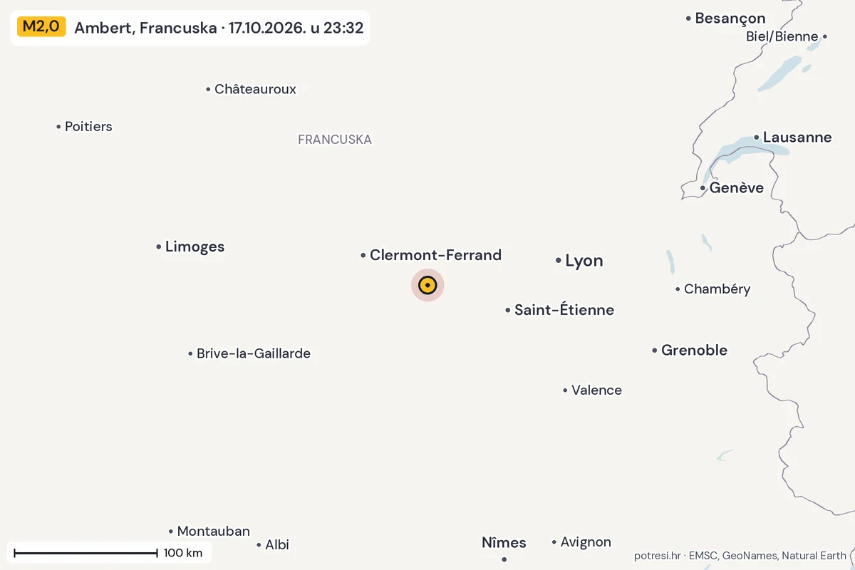 Karta: šire područje, 600 km, potres M2,0, Ambert, Francuska, 17.10.2026.