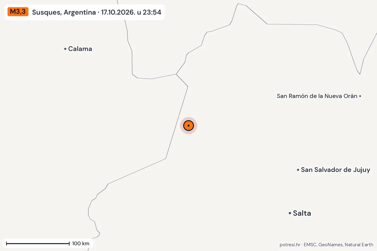 Karta: šire područje, 600 km, potres M3,3, Susques, Argentina, 17.10.2026.