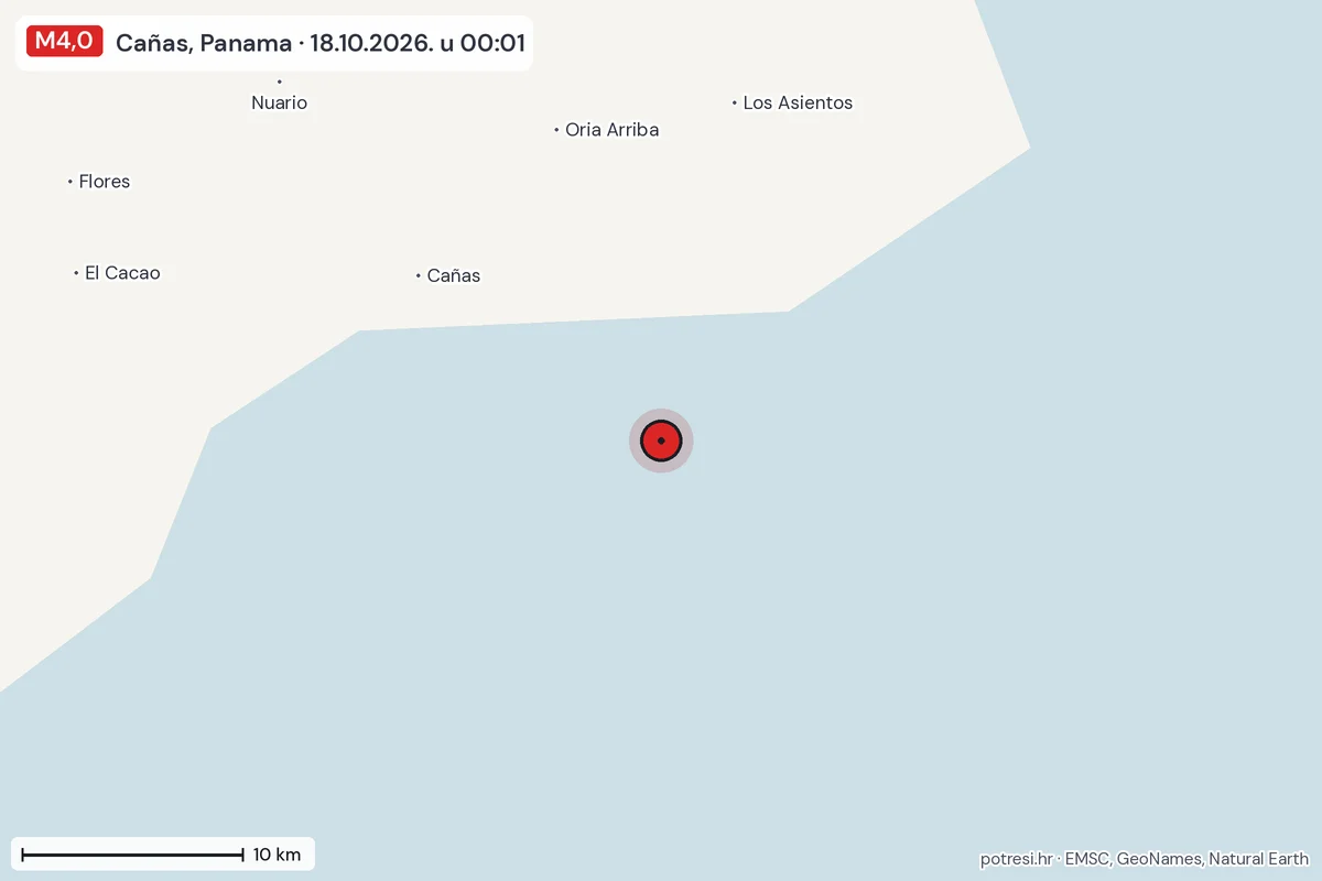 Karta: okolica epicentra, 60 km, potres M4,0, Cañas, Panama, 18.10.2026.