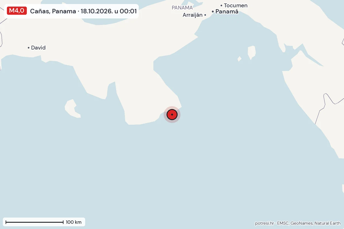 Karta: šire područje, 600 km, potres M4,0, Cañas, Panama, 18.10.2026.
