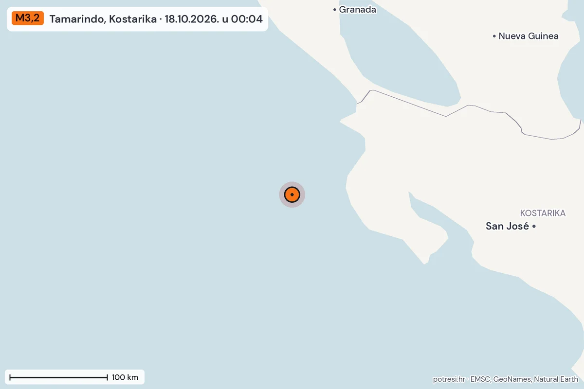 Karta: šire područje, 600 km, potres M3,2, Tamarindo, Kostarika, 18.10.2026.
