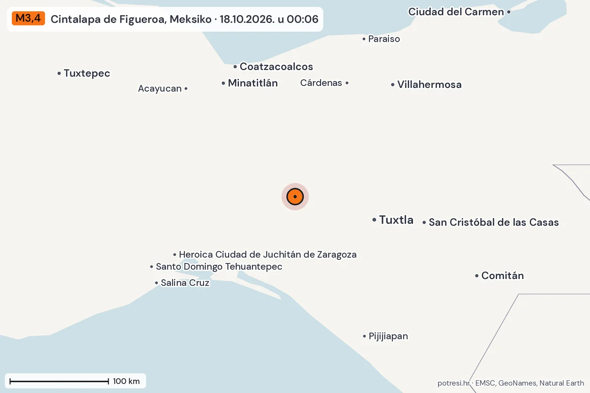 Karta: šire područje, 600 km, potres M3,4, Cintalapa de Figueroa, Meksiko, 18.10.2026.