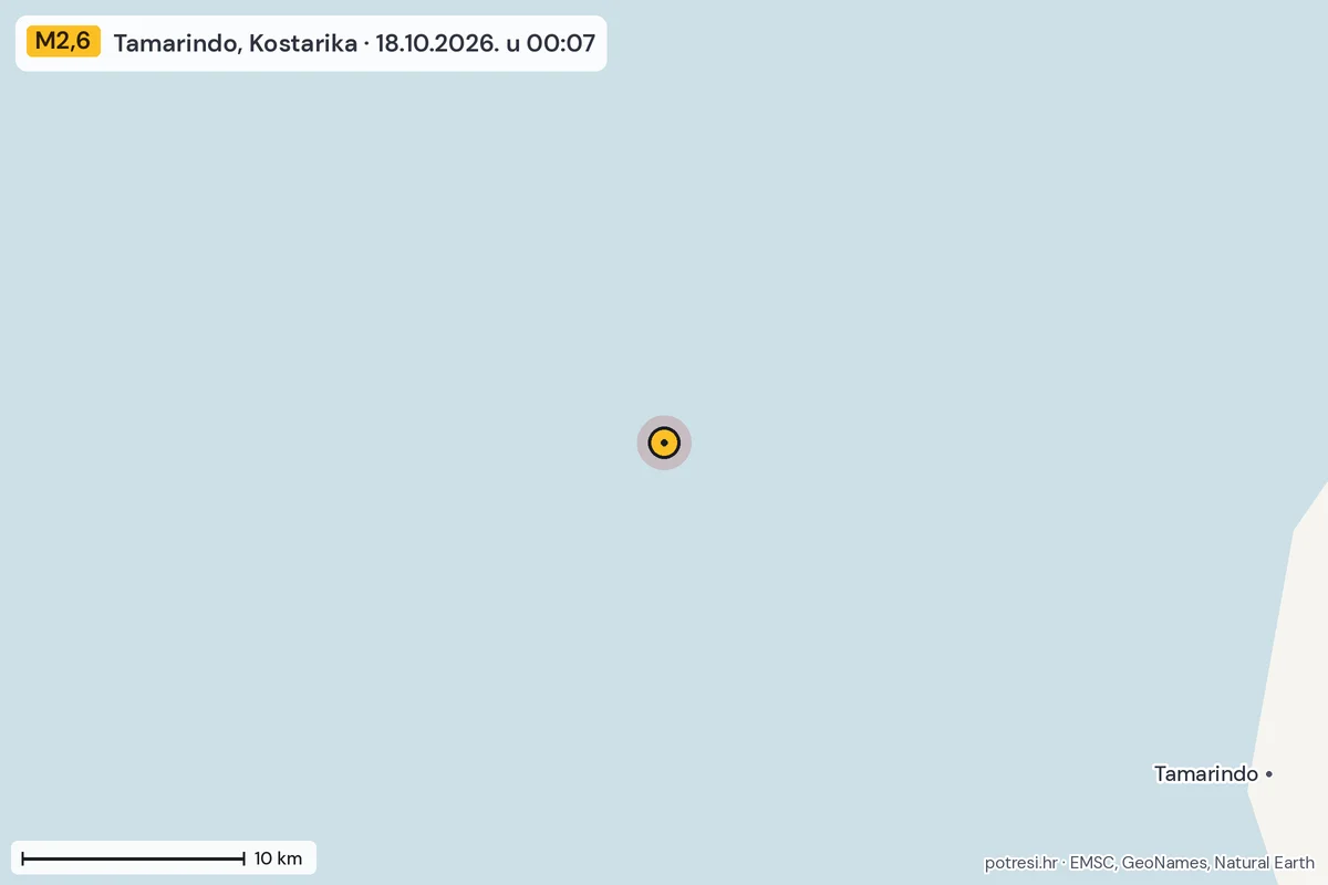 Karta: okolica epicentra, 60 km, potres M2,6, Tamarindo, Kostarika, 18.10.2026.