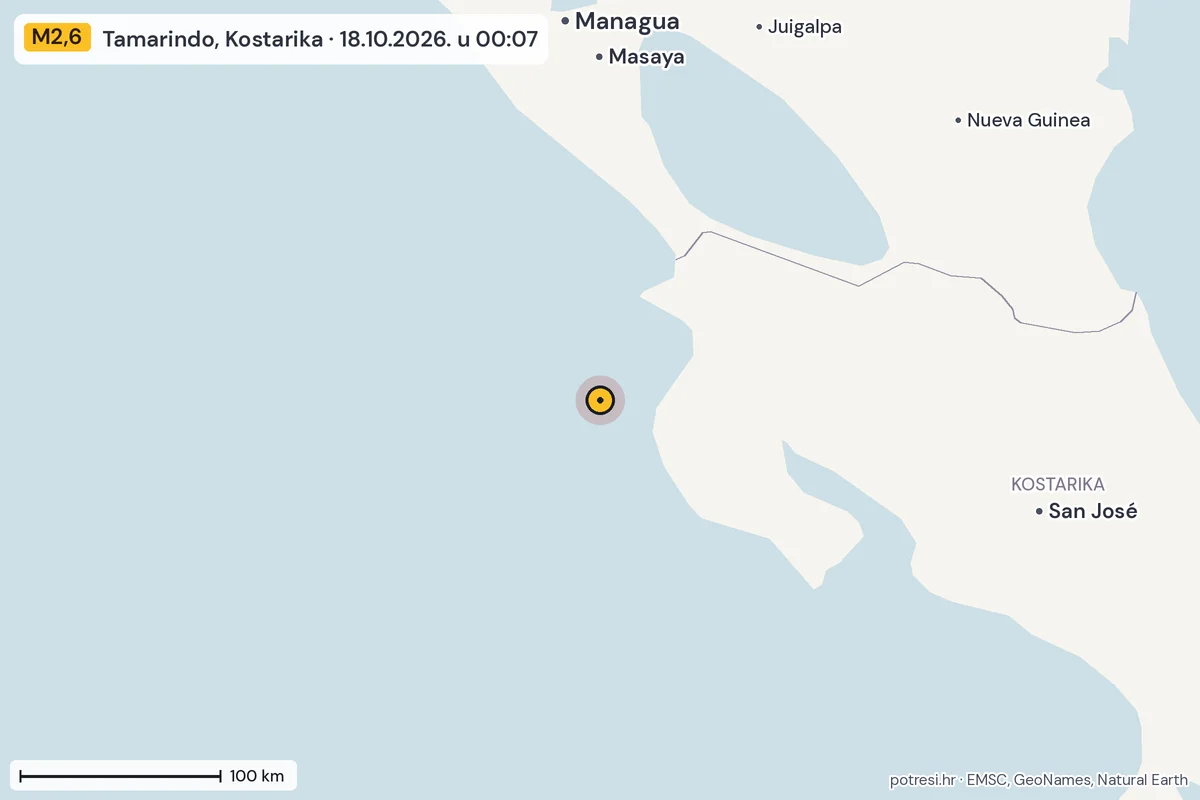 Karta: šire područje, 600 km, potres M2,6, Tamarindo, Kostarika, 18.10.2026.