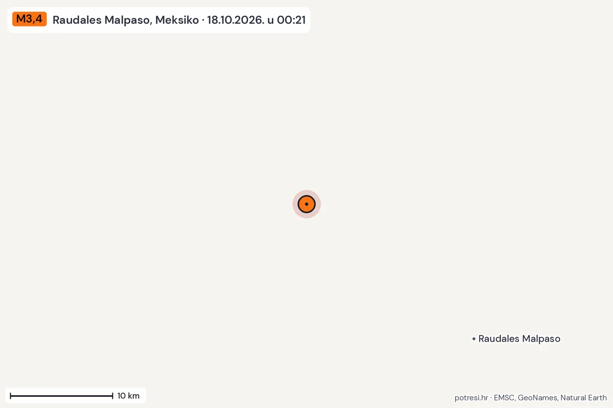 Karta: okolica epicentra, 60 km, potres M3,4, Raudales Malpaso, Meksiko, 18.10.2026.