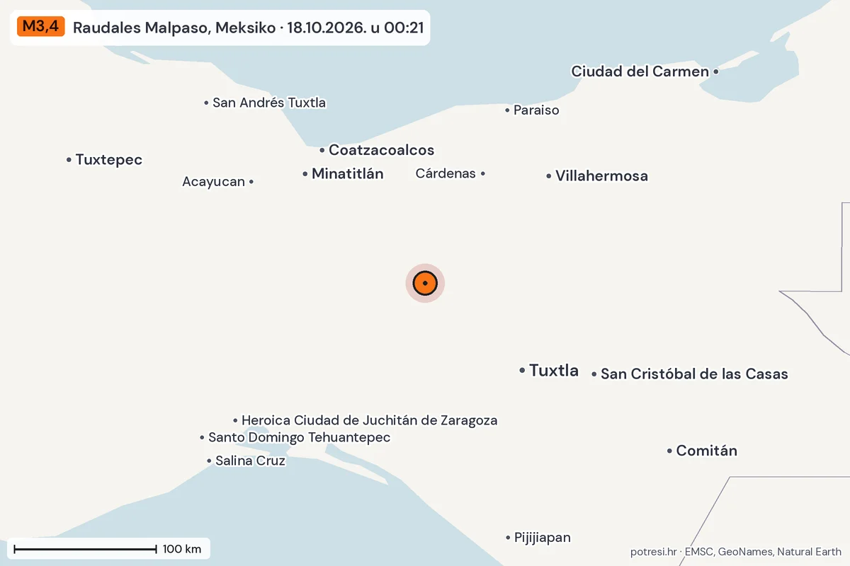 Karta: šire područje, 600 km, potres M3,4, Raudales Malpaso, Meksiko, 18.10.2026.