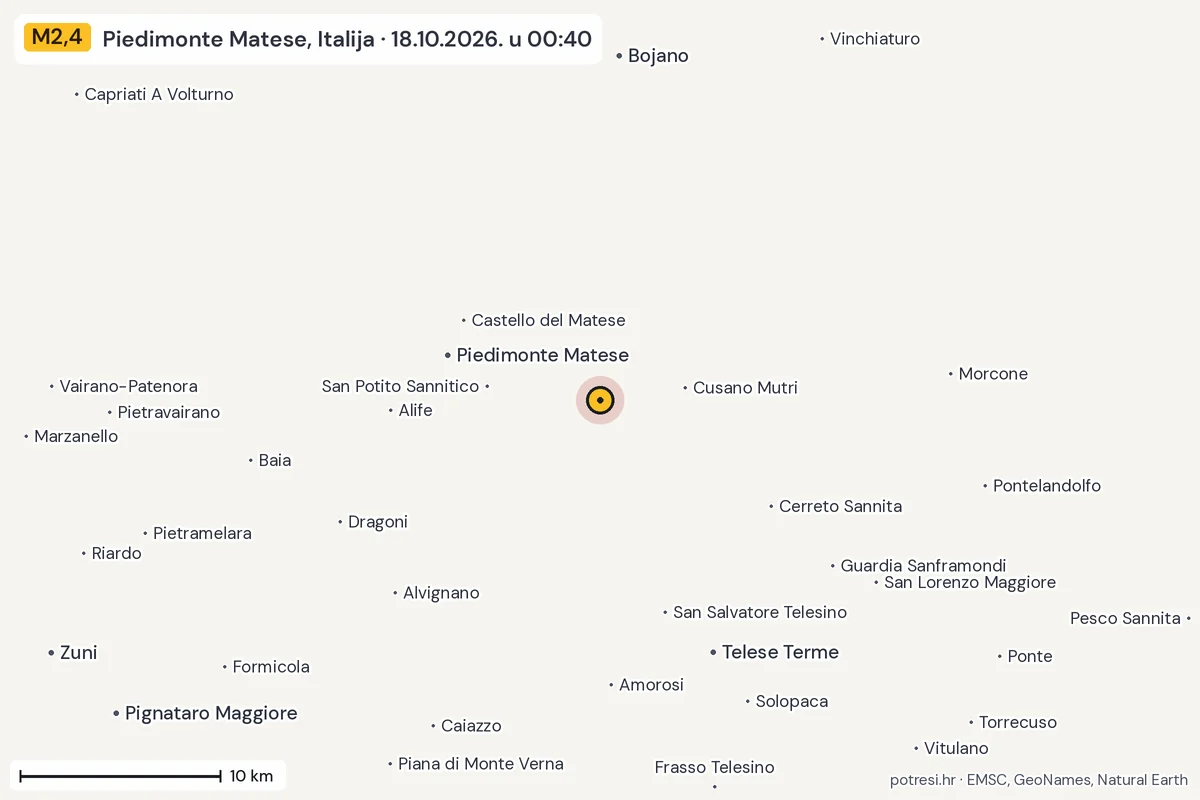 Karta: okolica epicentra, 60 km, potres M2,4, Piedimonte Matese, Italija, 18.10.2026.