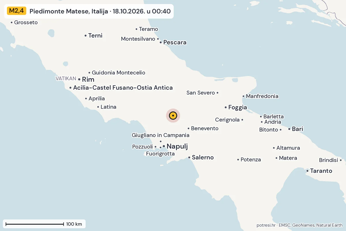 Karta: šire područje, 600 km, potres M2,4, Piedimonte Matese, Italija, 18.10.2026.
