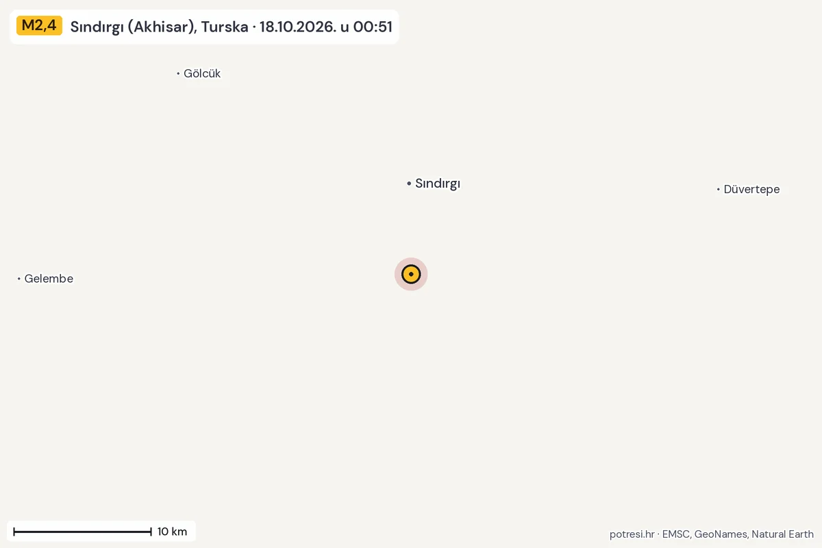 Karta: okolica epicentra, 60 km, potres M2,4, Sındırgı (Akhisar), Turska, 18.10.2026.