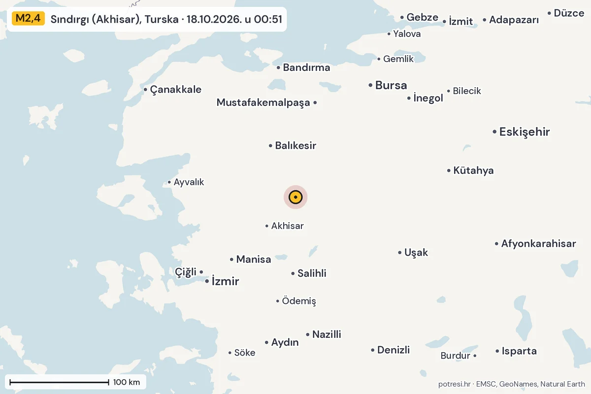 Karta: šire područje, 600 km, potres M2,4, Sındırgı (Akhisar), Turska, 18.10.2026.