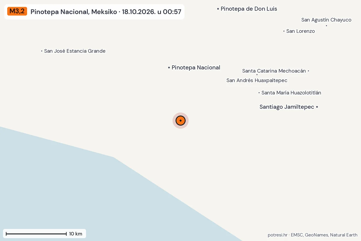 Karta: okolica epicentra, 60 km, potres M3,2, Pinotepa Nacional, Meksiko, 18.10.2026.