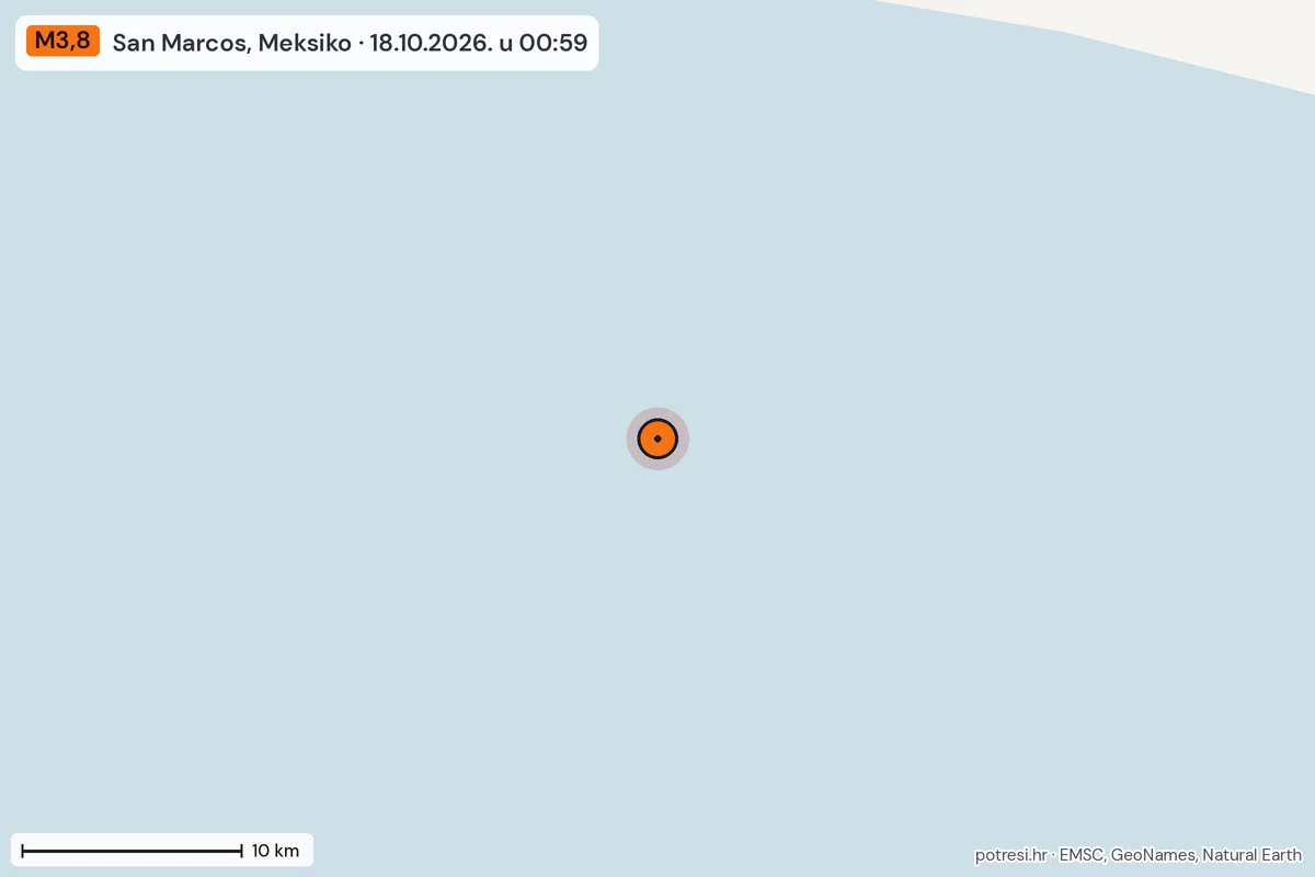 Karta: okolica epicentra, 60 km, potres M3,8, San Marcos, Meksiko, 18.10.2026.