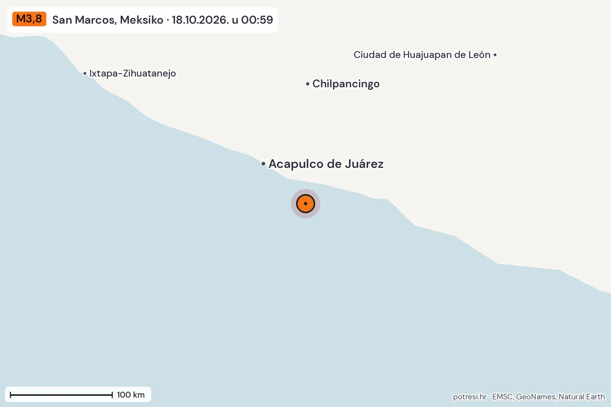 Karta: šire područje, 600 km, potres M3,8, San Marcos, Meksiko, 18.10.2026.