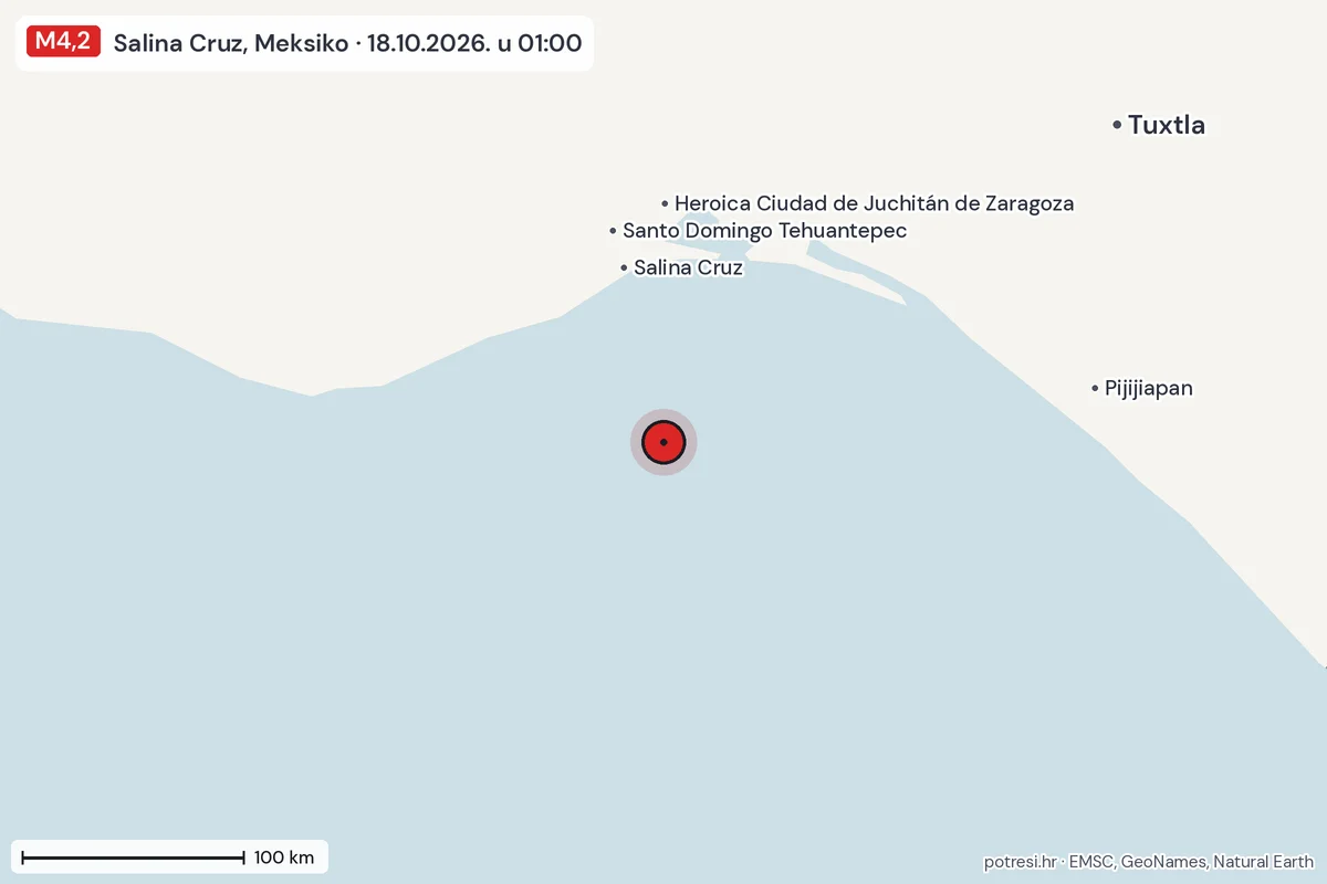 Karta: šire područje, 600 km, potres M4,2, Salina Cruz, Meksiko, 18.10.2026.