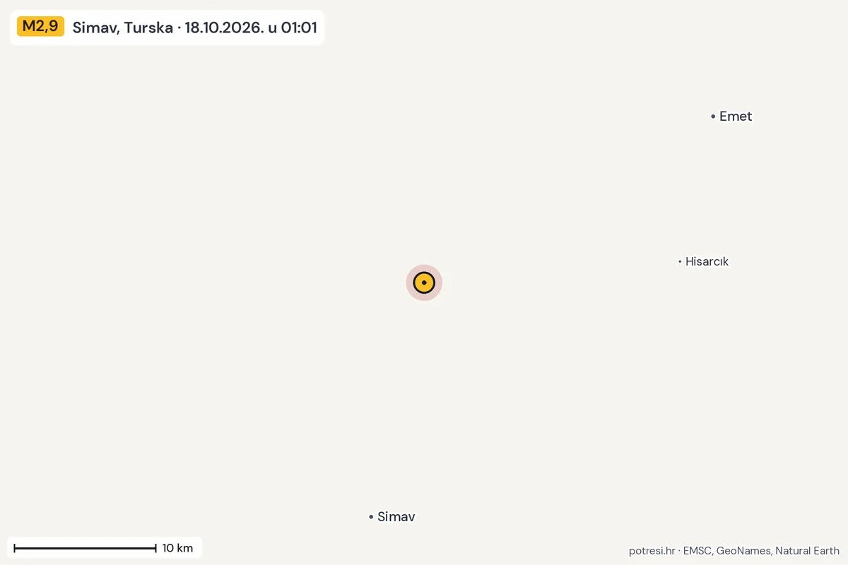 Karta: okolica epicentra, 60 km, potres M2,9, Simav, Turska, 18.10.2026.