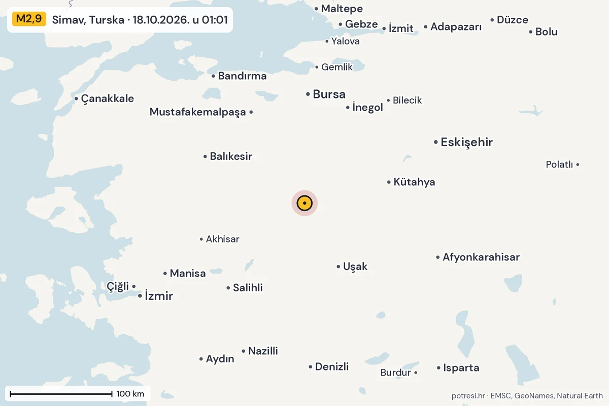 Karta: šire područje, 600 km, potres M2,9, Simav, Turska, 18.10.2026.
