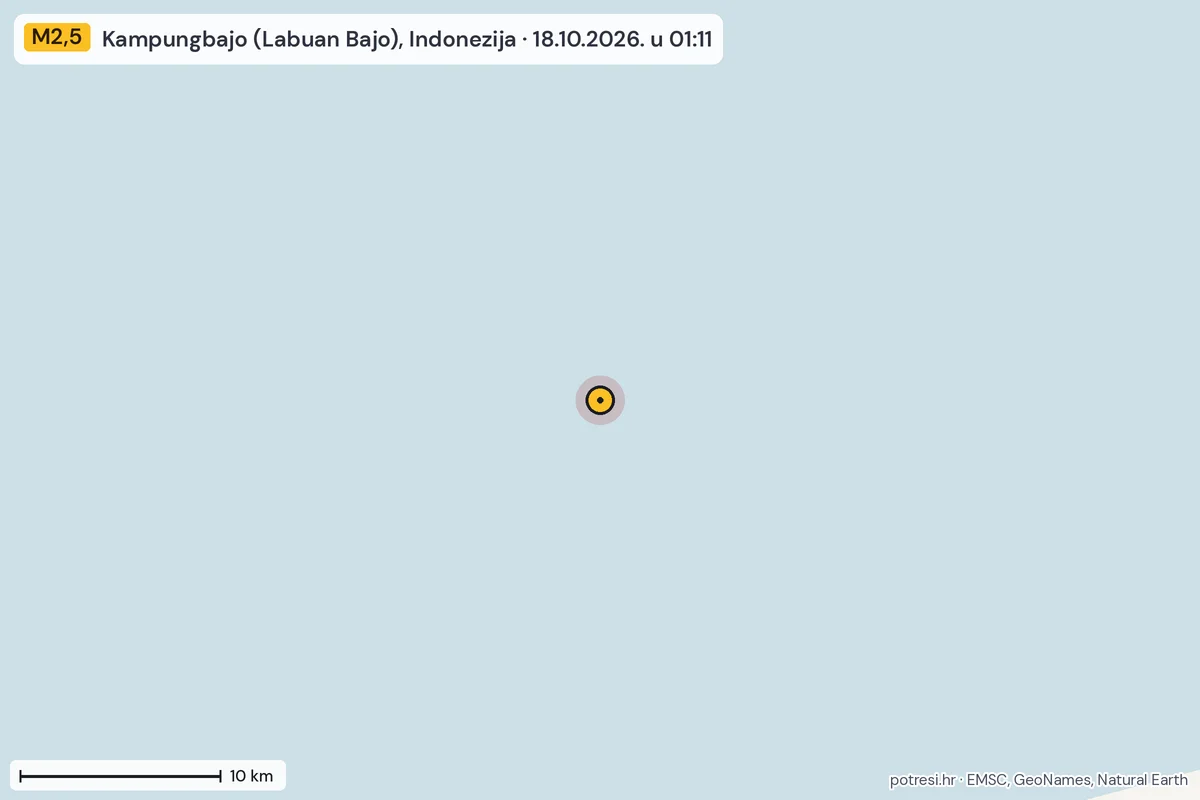 Karta: okolica epicentra, 60 km, potres M2,5, Kampungbajo (Labuan Bajo), Indonezija, 18.10.2026.