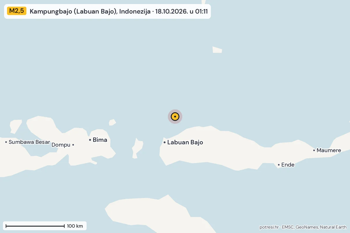 Karta: šire područje, 600 km, potres M2,5, Kampungbajo (Labuan Bajo), Indonezija, 18.10.2026.