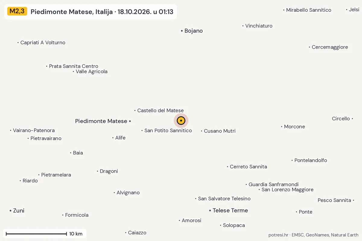 Karta: okolica epicentra, 60 km, potres M2,3, Piedimonte Matese, Italija, 18.10.2026.