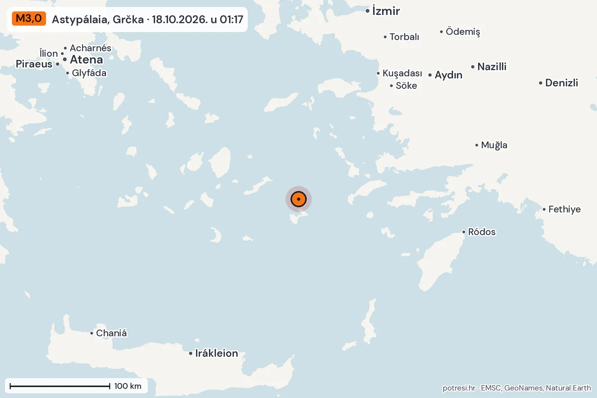 Karta: šire područje, 600 km, potres M3,0, Astypálaia, Grčka, 18.10.2026.