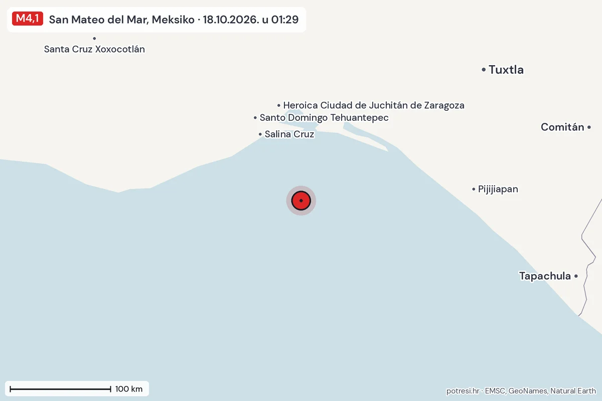 Karta: šire područje, 600 km, potres M4,1, San Mateo del Mar, Meksiko, 18.10.2026.